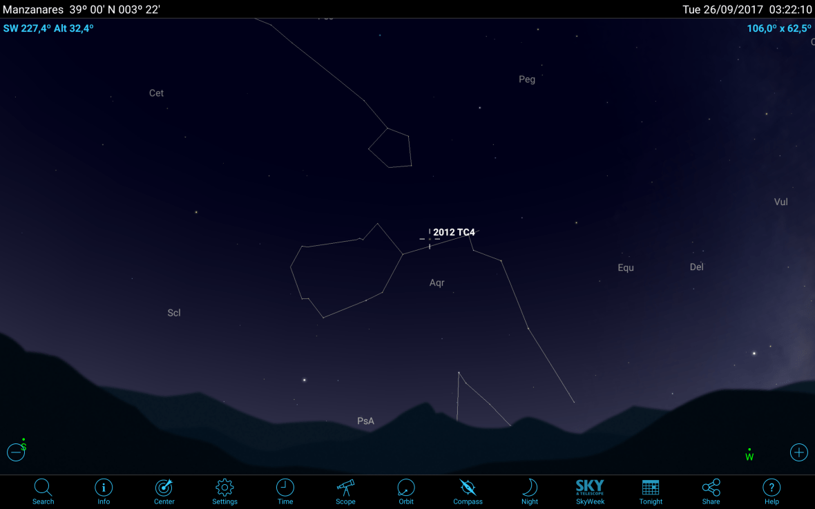 Asteroide 2012 TC4 en el cielo nocturno