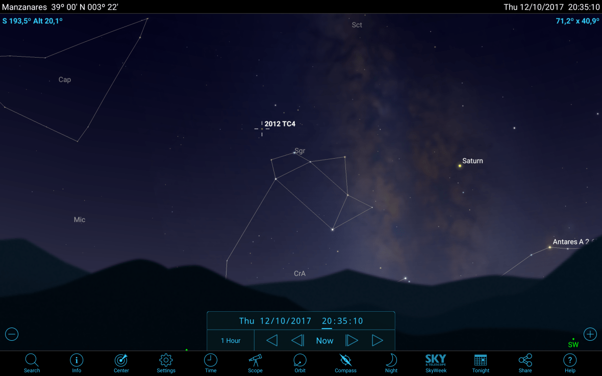 Posición del Asteroide 2012 TC4 el día 12-10-2017