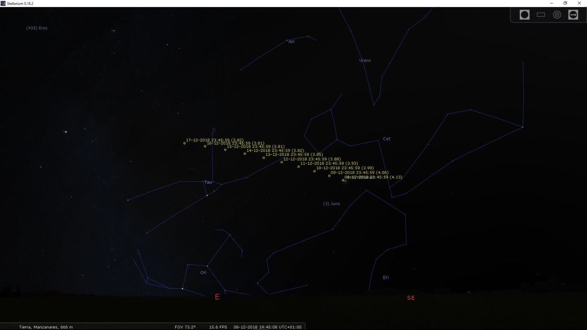 Captura con posiciones del Cometa 46P Wirtanen