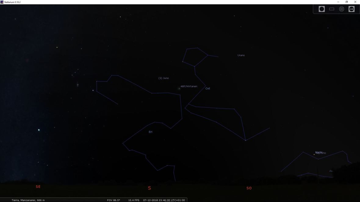 Captura Stellarium con la posición actual del cometa 46P/Wirtanen