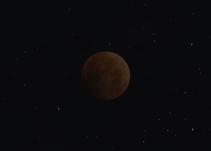 Recreación o aspecto en el máximo del eclipse total de Luna del 21-1-2019