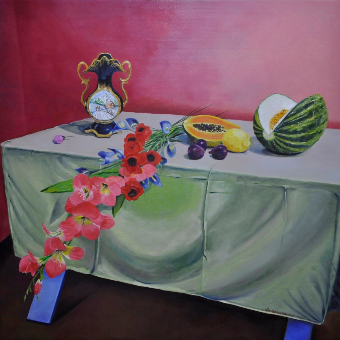 Frutas y flores (óleo) 100 x 100 cm.