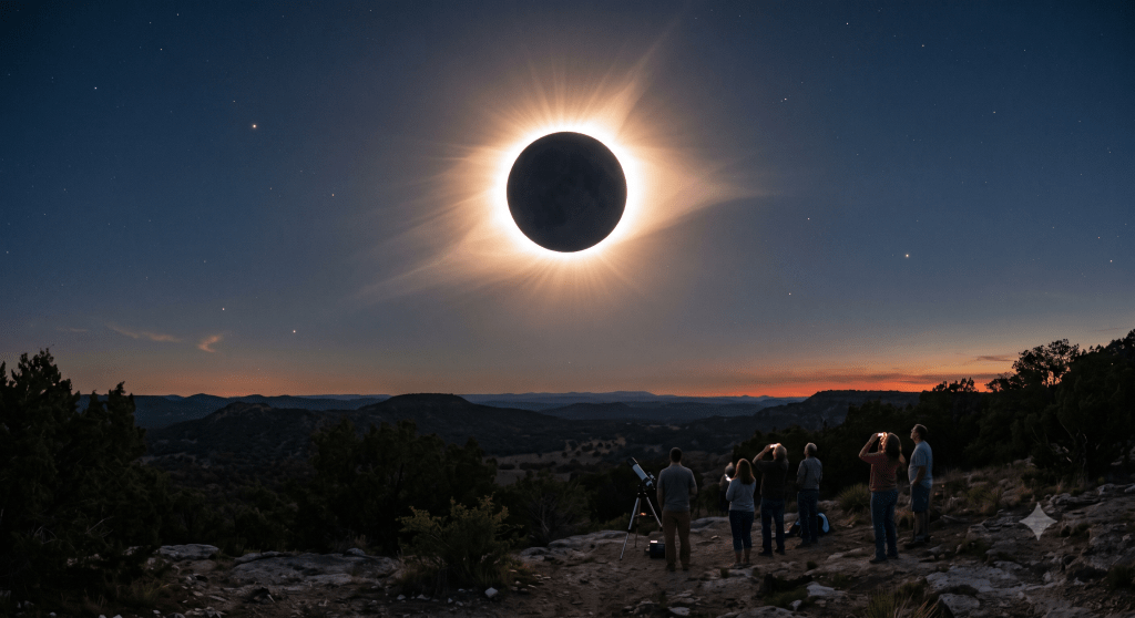 Representación visual de un eclipse total de Sol