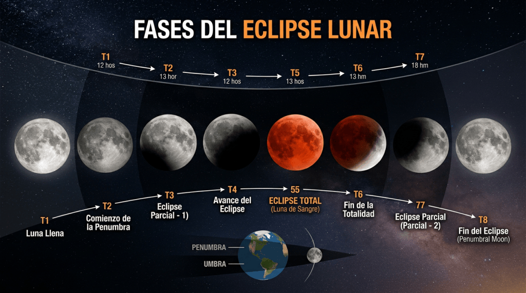 Infografía “FASES DEL ECLIPSE LUNAR” con ocho fases T1 a T8, eclipse total y Luna de Sangre.
