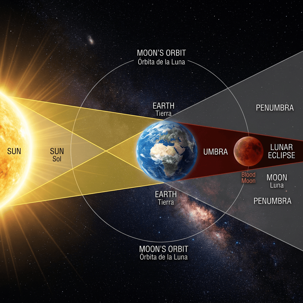 Diagram showing Sun, Earth, and Moon aligned during a lunar eclipse