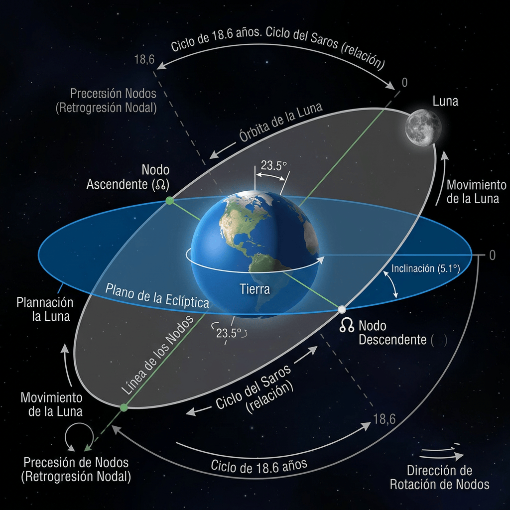 Diagrama Tierra-Luna con órbita lunar, nodos y ciclo de Saros
